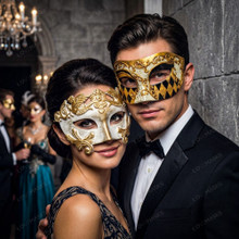 Venetian White Gold Warrior Mask & Black Gold Harlequin Masquerade Couple Mask Set