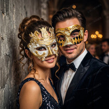 Venetian White Gold Greek Warrior Mask & Royal Harlequin Masquerade Couple Mask Set