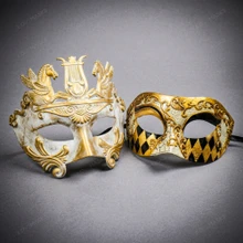 Venetian White Gold Greek Warrior Mask & Royal Harlequin Masquerade Couple Mask Set