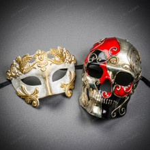 White Gold Roman Eye mask and Dead of The Dead Skull Masquerade Mask Couple Mask