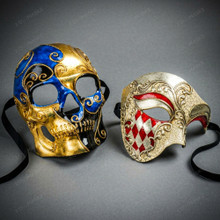 Red Silver Phantom and Blue Gold Dead of The Dead Skull Masquerade Mask Couple Mask