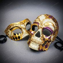 Black Gold Harlequin Venetian Mask & Purple Day of the Dead Sugar Skull Couple Mask Set