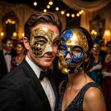 Blue Gold Day of the Dead Skull Mask & Gold Venetian Phantom of the Opera Mask Couple Masquerade Set