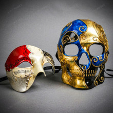 Red and Silver Phantom and Blue Gold Dead of The Dead Skull Masquerade Mask Couple Mask