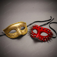 Red Steampunk Spike Mask & Gold Glitter Half Face Ball Masquerade Couple Mask Set