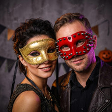 Red Steampunk Spike Mask & Gold Glitter Half Face Ball Masquerade Couple Mask Set