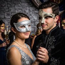 Silver Venetian Crackle Harlequin Phantom Opera & Glitter Glamour Masquerade Couple Mask Set