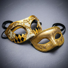 Gold Venetian Crackle Harlequin Mask & Glitter Half Face Ball Masquerade Couple Mask Set