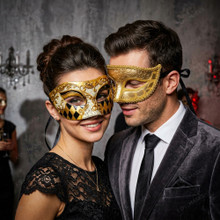 Gold Venetian Crackle Harlequin Mask & Glitter Half Face Ball Masquerade Couple Mask Set