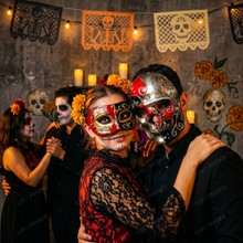 Venetian Red Silver Skull and Red Music Half Mask for Couple's Masquerade Mask