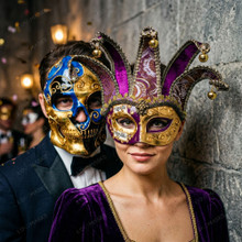 Venetian Masquerade Masks Jester with Bells and Skull Day of the Dead Couple Masquerade -Blue Gold Purple