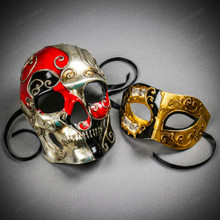 Venetian Red Silver Skull and Gold Black Music Half Mask for Couple's Masquerade Mask