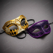 Gold Venetian Crackle Harlequin Mask & Purple Glitter Half Face Ball Masquerade Couple Mask Set