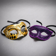 Gold Venetian Crackle Harlequin Mask & Purple Glitter Half Face Ball Masquerade Couple Mask Set