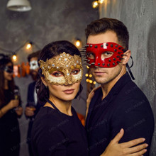 Red Spiked Punk and Gold Lace Filigree Crackle Masquerade Couple Costume Mask