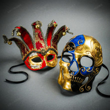 Venetian Masquerade Masks Jester with Bells and Skull Day of the Dead Couple Masquerade - Blue Gold Red