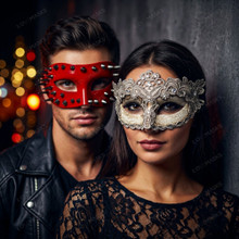 Red Spiked Punk and Silver Lace Filigree Crackle Masquerade Couple Costume Mask