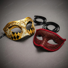 Gold Venetian Crackle Harlequin Mask & Red Glitter Half Face Ball Masquerade Couple Mask Set