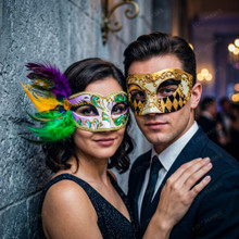 Gold Black Harlequin and Feathered Purple Green Floral Masquerade Couple Party Mask