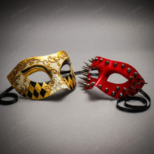 Venetian Gold Harlequin and Red Spiked Punk Eye Masquerade Couple Party Costume Mask