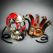 Venetian Masquerade Masks Jester with Bells and Skull Day of the Dead Couple Masquerade - Red Silver Gold