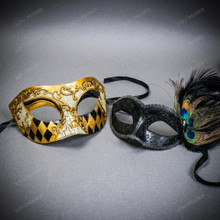 Gold Crackle Harlequin Venetian Mask & Black Peacock Feather Eye Mask | Couples' Masquerade Set