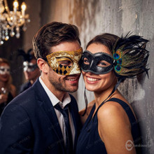 Gold Crackle Harlequin Venetian Mask & Black Peacock Feather Eye Mask | Couples' Masquerade Set