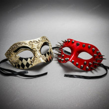 Steampunk Red Spikes and Silver Venetian Masquerade Couple Party Costume Masks