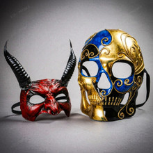 Day of the Dead Masquerade Masks and Red Devil Horn Mask For Masquerade Couple's Masks
