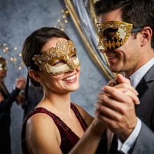Gold Venetian Harlequin & Ivory Crystal Lace Masquerade Half Mask Couples Masquerade Set