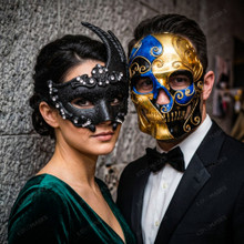 Men and Women Masquerade Party Mask Black Rhinestone Wing and Gold Blue Skull Filigree