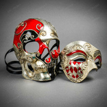 Red and Gold Venetian Masquerade Skull Mask and Harlequin Half Mask For Couple's Masquerade Costume Party