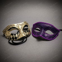 Venetian Masquerade Eye Masks with Silver Harlequin Pattern and Purple Glitter Scroll Accents