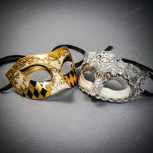 Gold Venetian Harlequin & Silver Crystal Lace Masquerade Half Mask Couples Masquerade Set