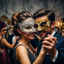 Gold Venetian Harlequin & Silver Crystal Lace Masquerade Half Mask Couples Masquerade Set