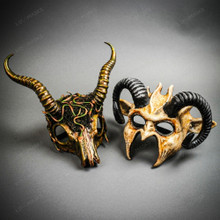 Monster Beast Large Ram Horns & Forest Pagan Animal Skull Horn Mask Couple Masquerade Set