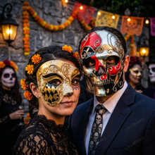 Red Silver Day of the Dead Skull Mask & Gold Venetian Phantom of the Opera Mask Couple Masquerade Set