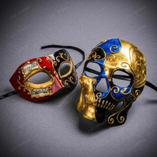 Venetian Blue Gold Skull and Red Music Half Mask for Couple's Masquerade Mask