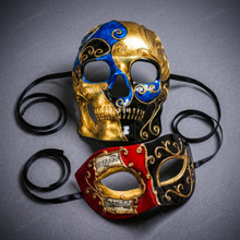 Venetian Blue Gold Skull and Red Music Half Mask for Couple's Masquerade Mask