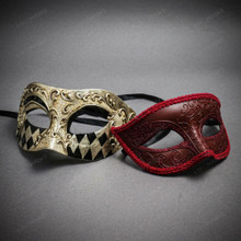 Boutique Men's and Women's Masquerade Mask Silver Black Harlequin and Burgundy