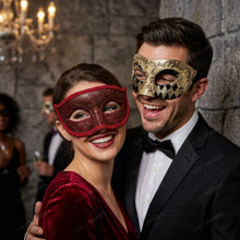 Boutique Men's and Women's Masquerade Mask Silver Black Harlequin and Burgundy