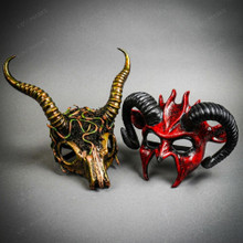 Horned Bloody Demon and Forest Skull Masquerade Couple's Party Mask for Halloween Costumes