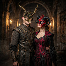 Horned Bloody Demon and Forest Skull Masquerade Couple's Party Mask for Halloween Costumes