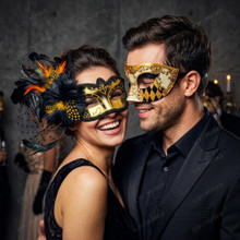Venetian Gold Harlequin & Black Feather Eye Mask Couple Masquerade Set