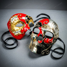 Red Gold Phantom Masquerade Mask and Black Silver Skull Mask