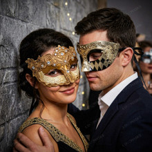 Venetian Men and Women Masquerade Mask Gold Harlequin and Gold Lace Jeweled Eye Mask