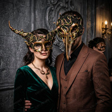 Men's Women's Bronze Bird Skull and Horned Medusa Masquerade Mask for Costumes