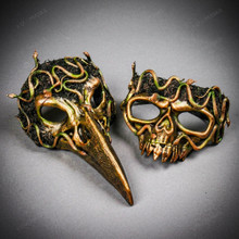 Bird Skull Plague Doctor & Skull Snake Couples Masquerade Mask Set - Gold/Green
