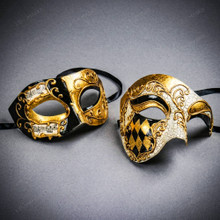Black Gold Venetian Musical Eye Mask & Harlequin Phantom of the Opera Mask Couple Masquerade Set