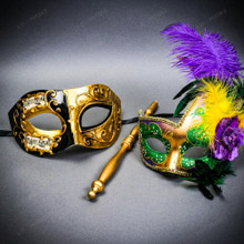 Handheld Mardi Gras Rose Feather Ball Stick Mask & Venetian Black Gold Half Face Mask Couple Masquerade Set